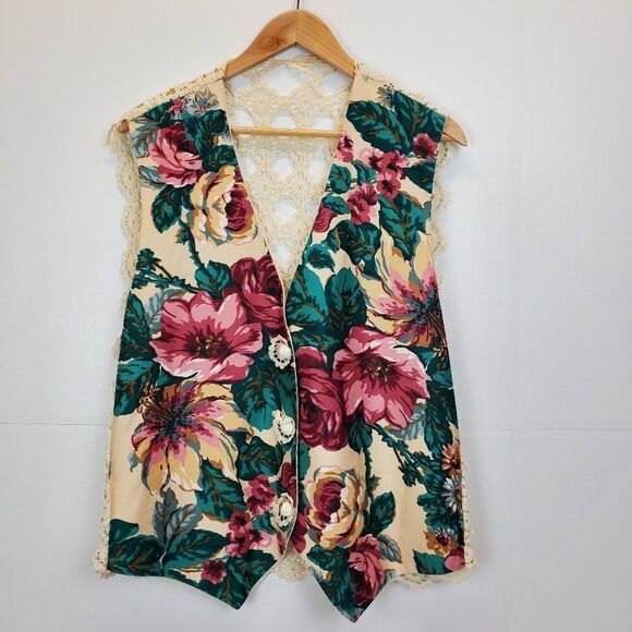 Vintage Handmade Floral Vest Crochet Back B-0037c7 - Picture 9 of 12